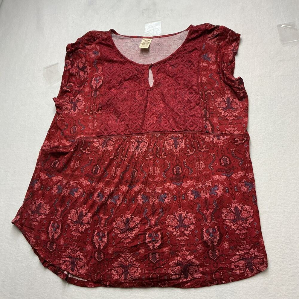 Faded Glory XXL, Red Floral bohemian lace front romantic keyhole blouse, 4160